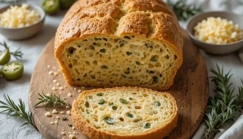 Golden-brown loaf of artisan jalapeño bread with a soft, airy interior, garnished with fresh rosemary and served with shredded cheese.