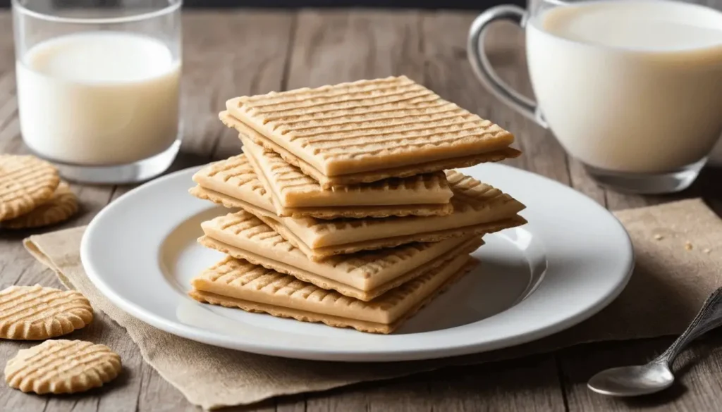 A stack of square vanilla wafer cookies on a white plate, accompanied by glasses of milk in the background.