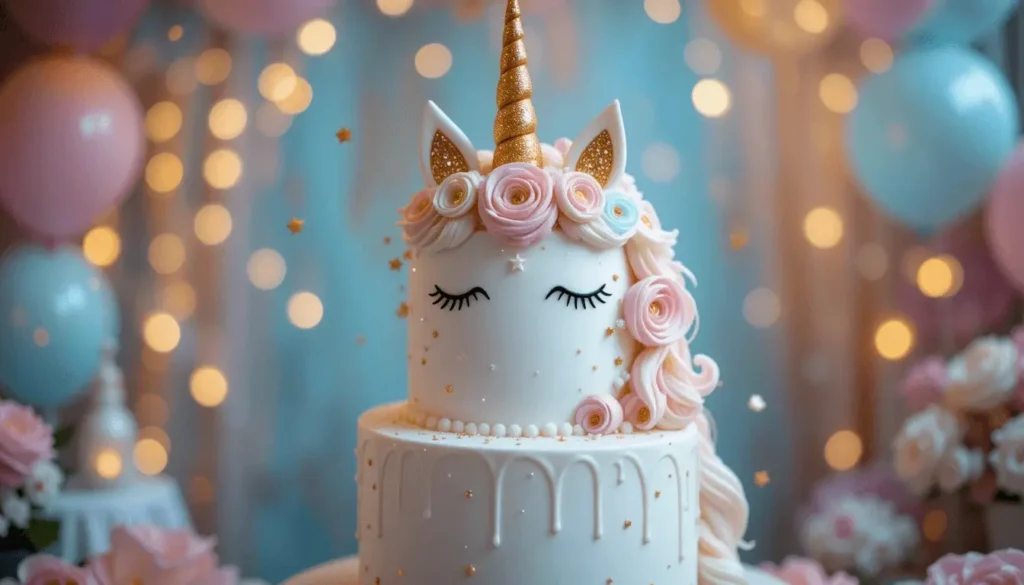 White unicorn cake decorated with frosting roses, a shimmering golden horn, and soft lights in the background.