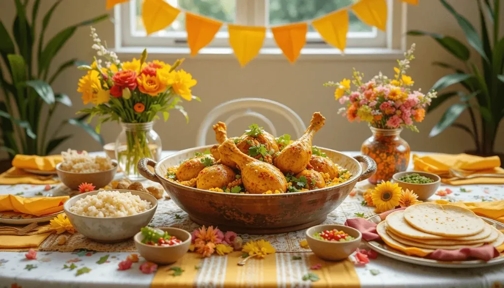 A festive table setup featuring a bowl of spiced chicken drumsticks, side dishes, tortillas, and vibrant floral decorations.