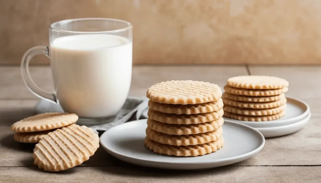 Stacks of golden vanilla wafer cookies on plates next to a glass of milk on a wooden table.