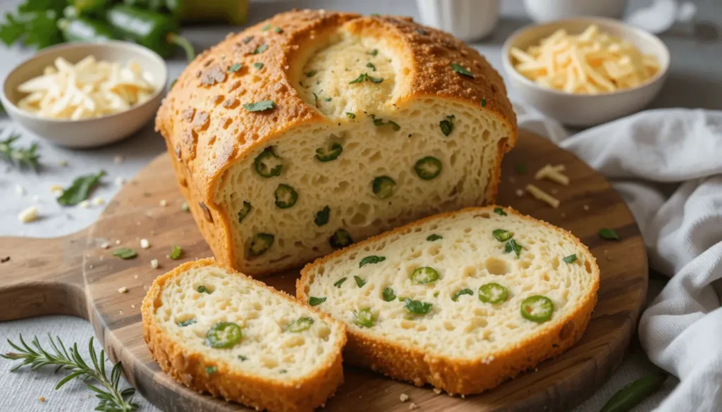 A round loaf of vegan jalapeño cheese artisan bread on a wooden cutting board, sliced to reveal a soft interior with jalapeño slices and herbs. Surrounding the bread are bowls of vegan cheese shreds, fresh jalapeños, and rosemary sprigs.