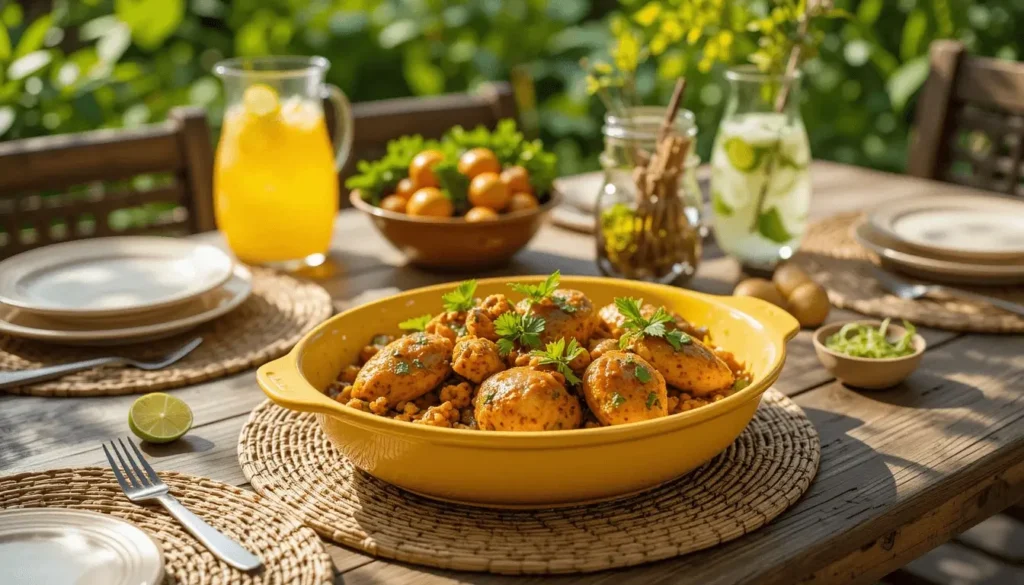 A vibrant table setting featuring a yellow serving dish with spiced roasted potatoes, surrounded by fresh garnishes, drinks, and plates.