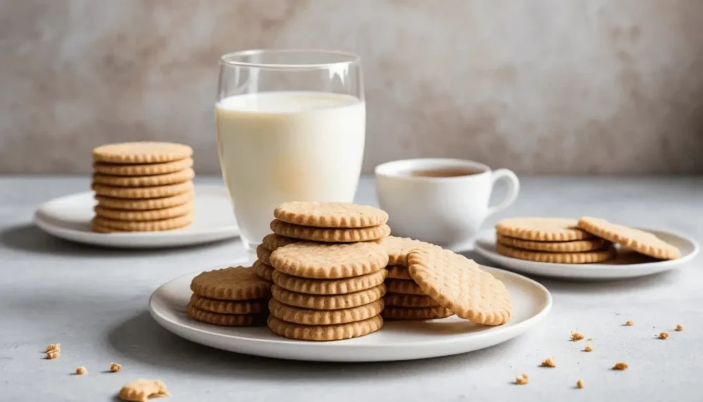 Vanilla cookies stacked on a white plate, accompanied by a glass of milk and a cup of tea.