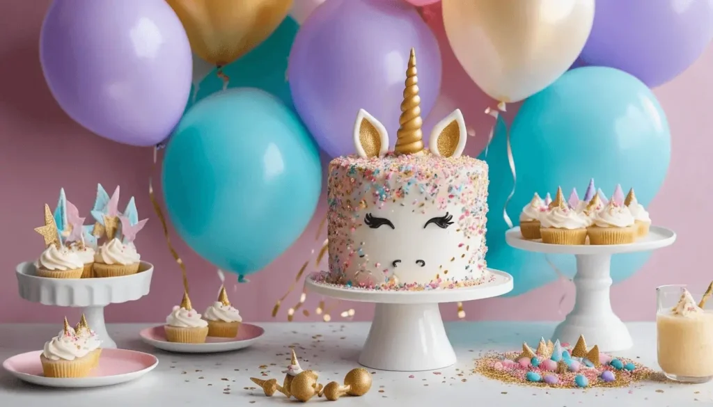 Unicorn cake decorated with sprinkles and matching cupcakes on a table with colorful balloons in the background.