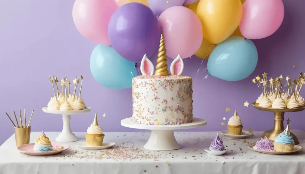 A whimsical unicorn-themed cake surrounded by pastel balloons and cupcakes with star decorations on a party table.