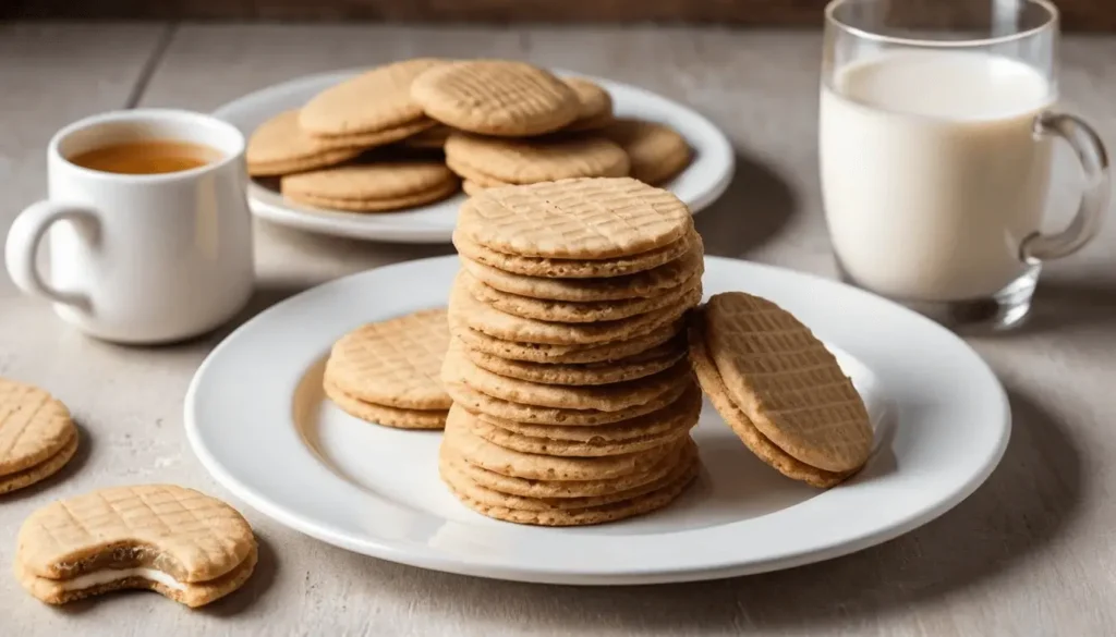 Stack of vanilla wafer cookies on a white plate, accompanied by a glass of milk and a cup of tea.