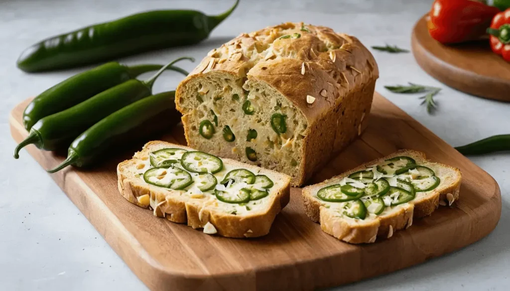 A loaf of vegan jalapeño cheese artisan bread on a wooden cutting board, with slices garnished with fresh jalapeño rounds and vegan cheese. Whole jalapeños and rosemary sprigs surround the bread for decoration.