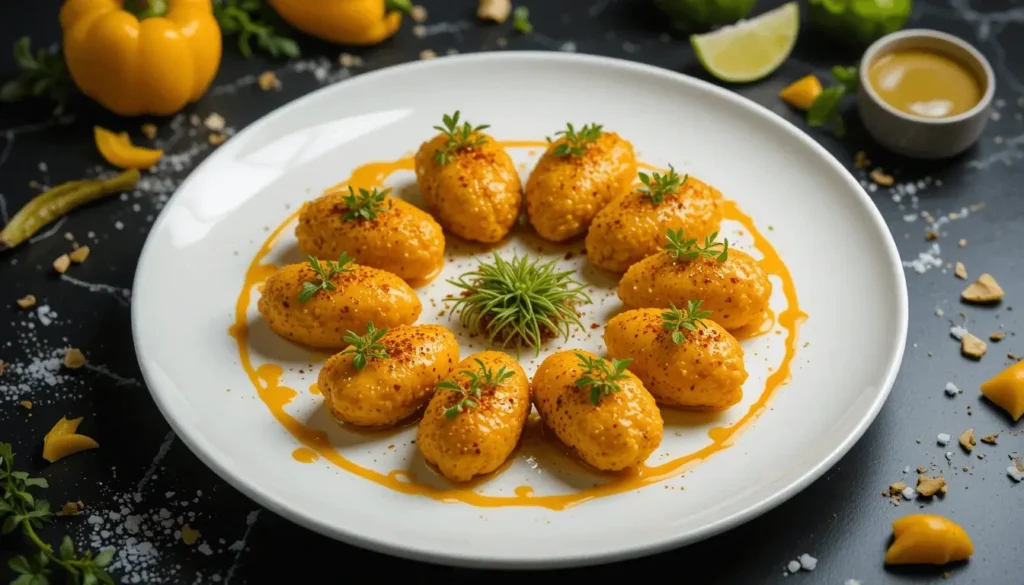 A beautifully plated dish featuring yellow chili cheese quenelles garnished with herbs and spices, surrounded by vibrant ingredients.