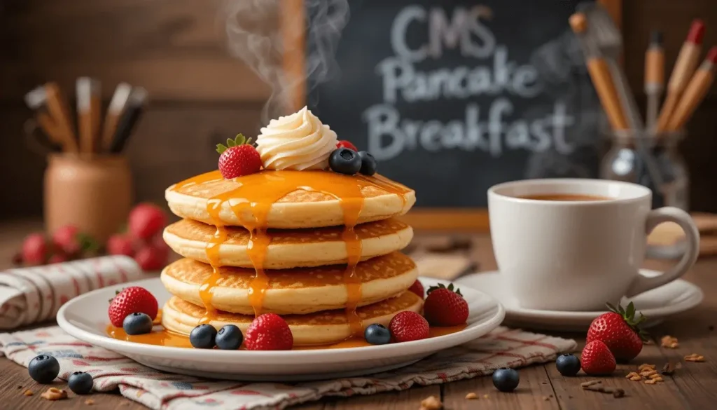 A stack of golden pancakes with whipped cream, fresh strawberries, and blueberries, drizzled with syrup, served alongside a cup of coffee. A chalkboard in the background reads "CMS Pancake Breakfast.