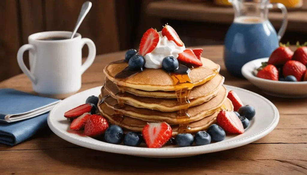 A stack of pancakes topped with whipped cream, strawberries, blueberries, and syrup, served on a white plate with a cup of coffee and a rustic table setting.