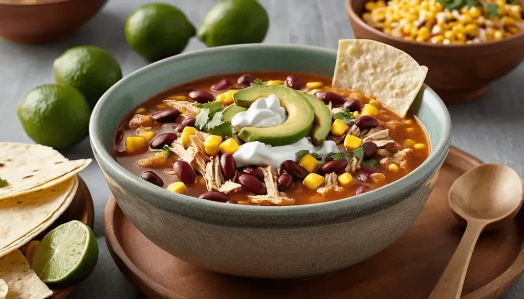 A bowl of chicken taco soup garnished with avocado slices, sour cream, and cilantro, surrounded by lime, tortillas, and corn salad.