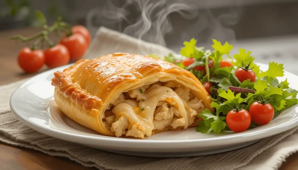 Golden chicken and cheese jalousie served with a side of fresh salad and cherry tomatoes on a white plate, with steam rising from the pastry.