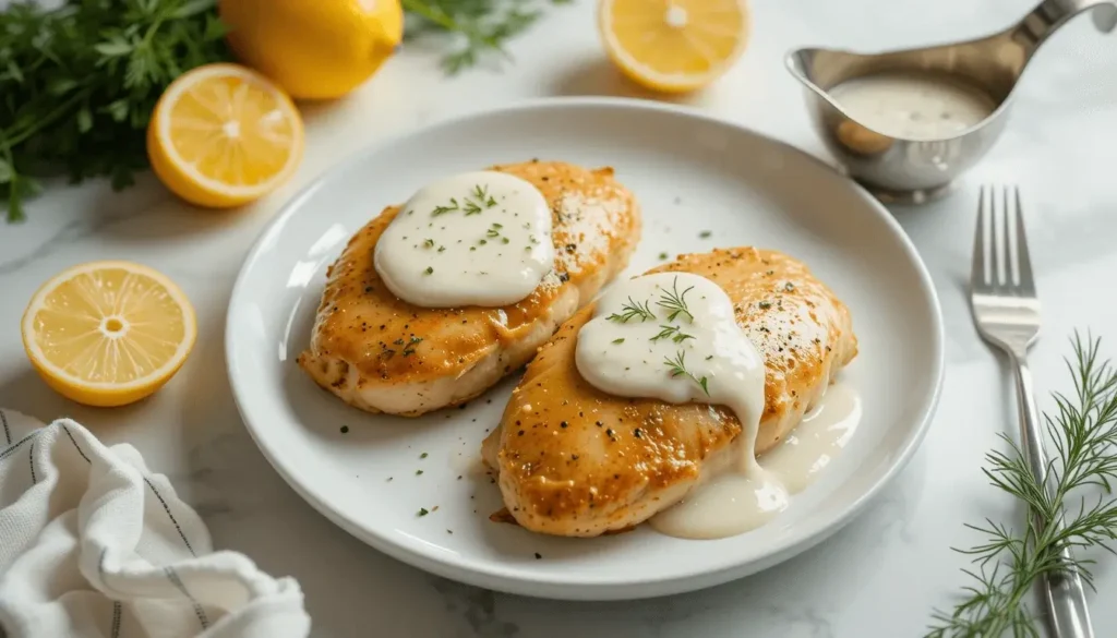 Golden-brown chicken breasts topped with a creamy cottage cheese sauce, garnished with dill and served with fresh lemon halves on a white plate.