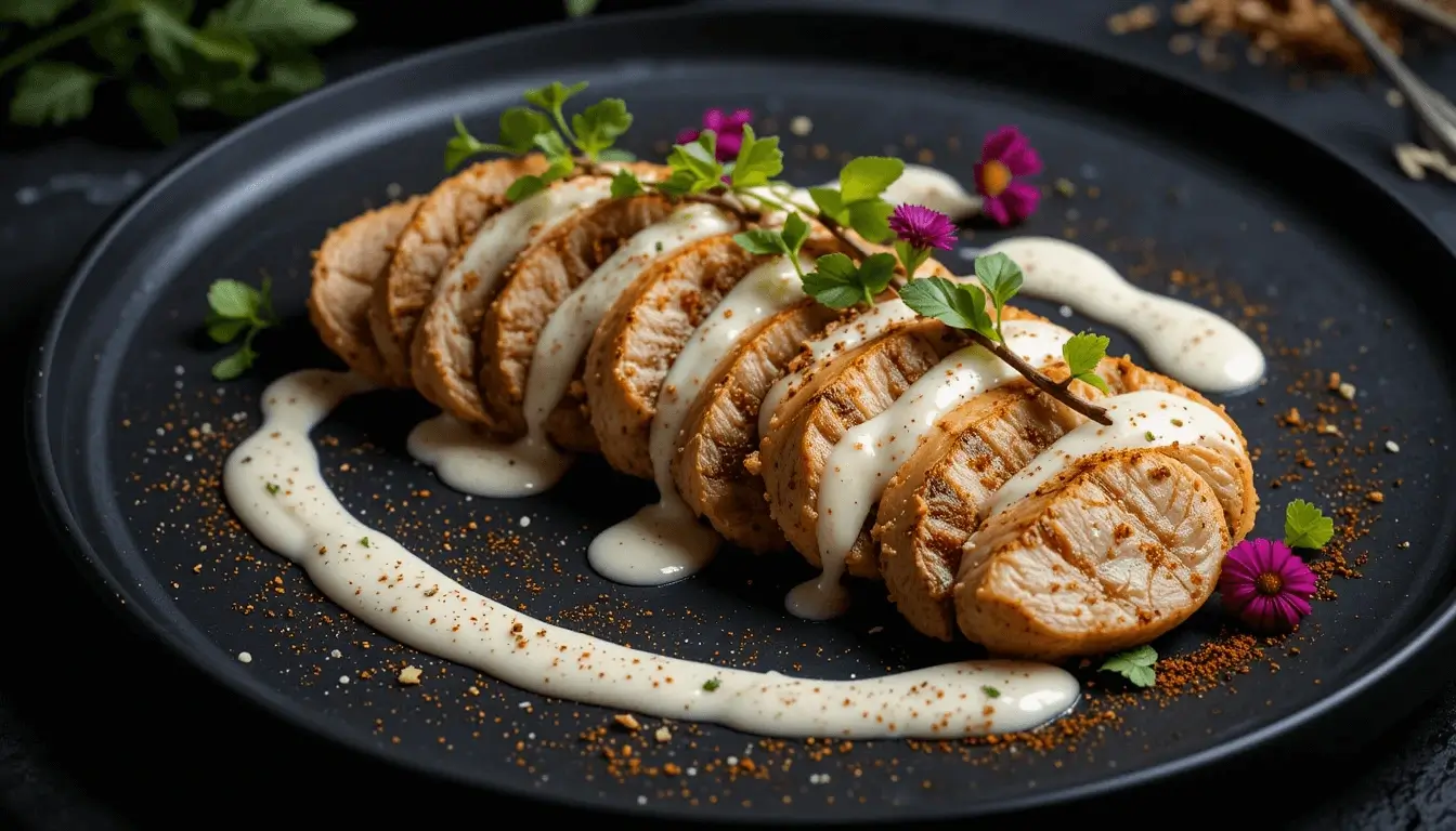 A bowl of creamy cottage cheese sauce served next to grilled chicken breasts, garnished with fresh herbs and surrounded by cooking ingredients.