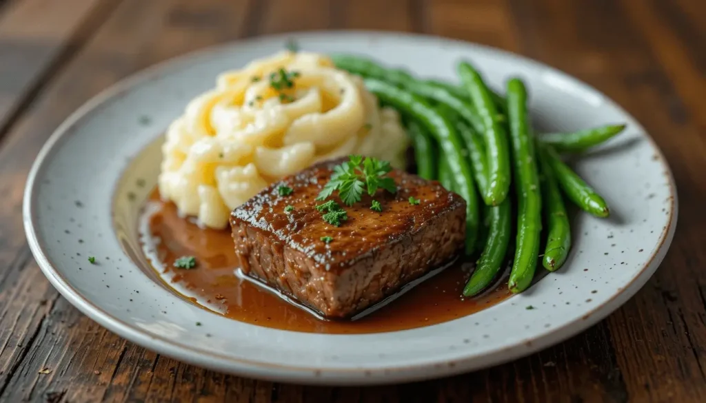 A beautifully plated deer meat cube steak served with mashed potatoes and green beans, garnished with parsley and topped with a savory brown gravy.