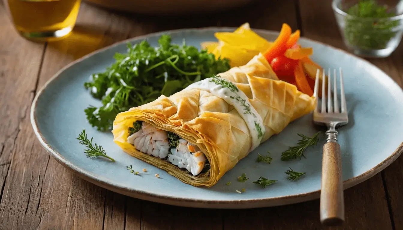 Fish fillet wrapped in crispy golden filo pastry, served with fresh herbs and a side of dipping sauce.