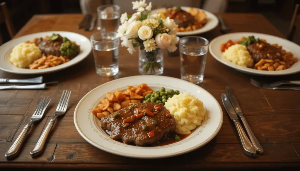 A table set with plates of Salisbury steak, mashed potatoes, peas, and sweet potatoes, accompanied by glasses of water and a centerpiece of fresh flowers.