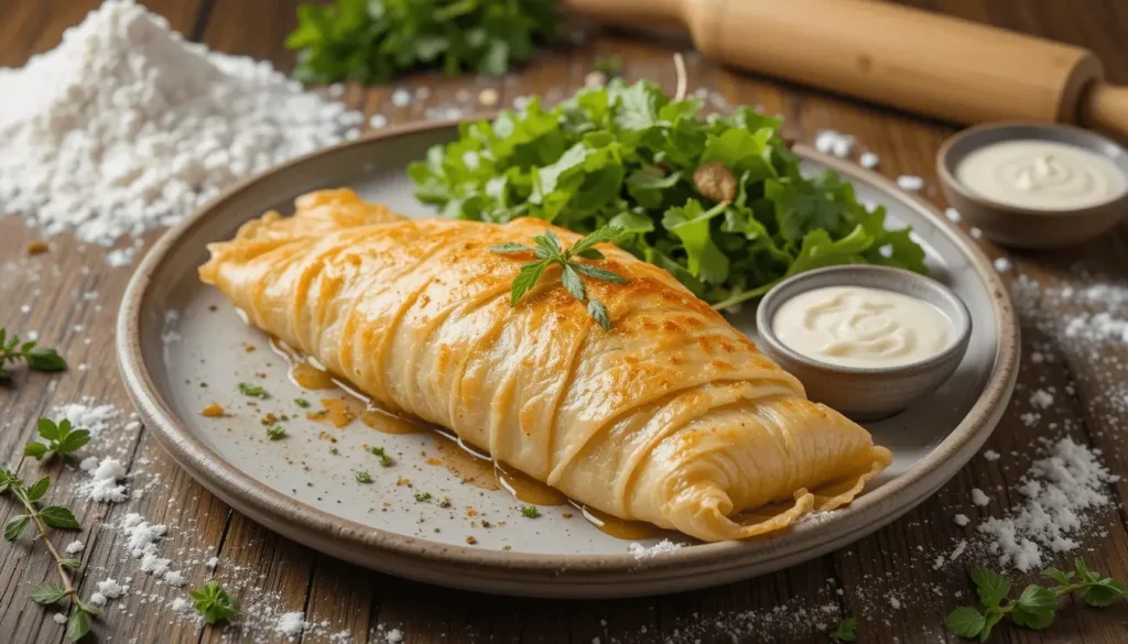 A beautifully baked fish wrapped in golden filo pastry, garnished with a fresh herb sprig, served on a ceramic plate with green salad and dipping sauces on a rustic wooden table.