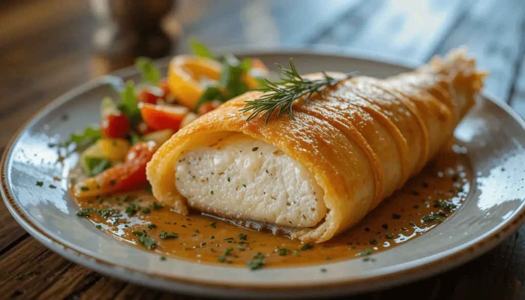 A close-up of fish wrapped in golden filo pastry, garnished with dill, served with a colorful side of cherry tomatoes and bell peppers on a ceramic plate.