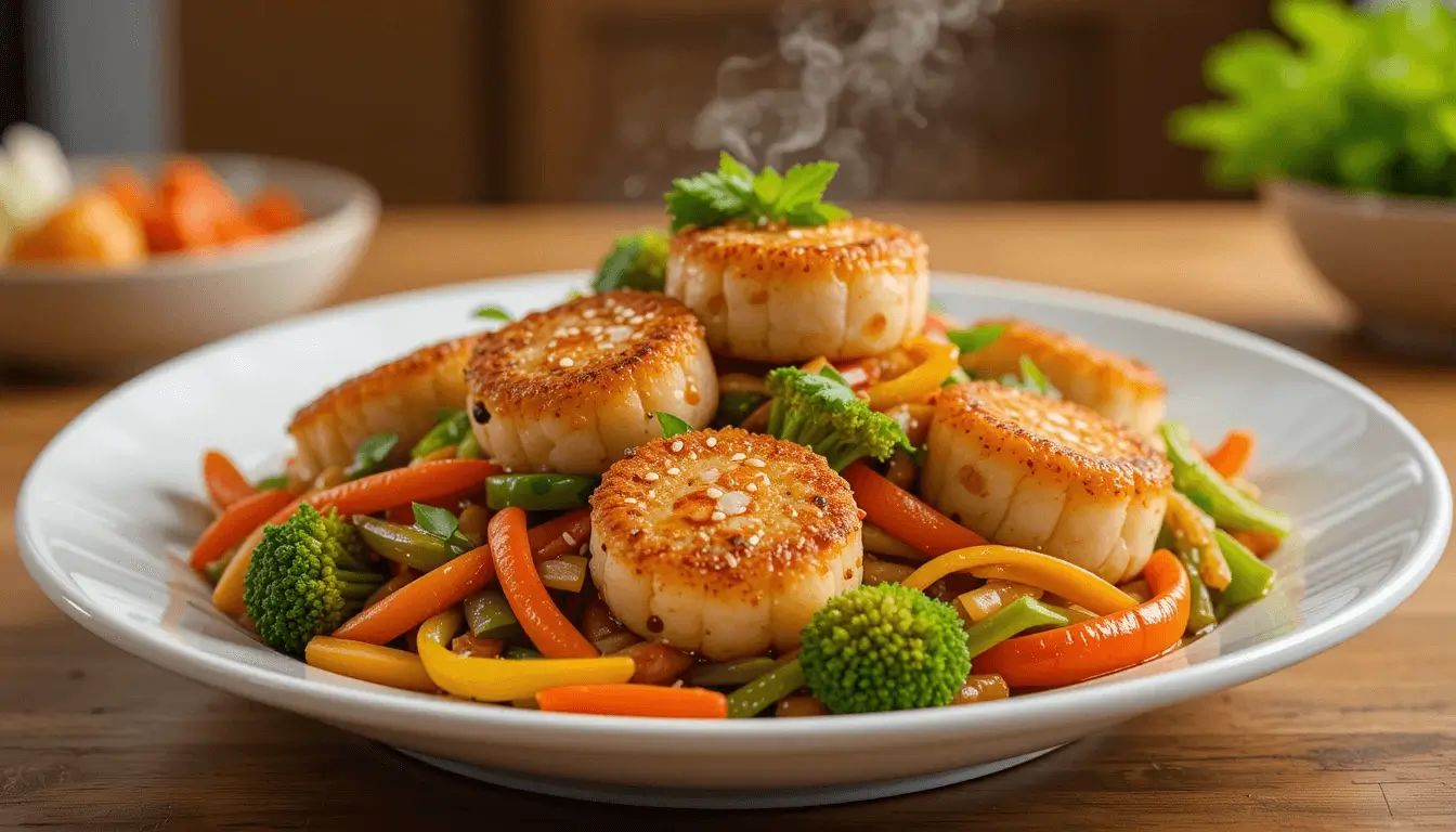 Fishcakes and scallops stir-fried with colorful vegetables, including bell peppers, snap peas, and carrots, served in a skillet.