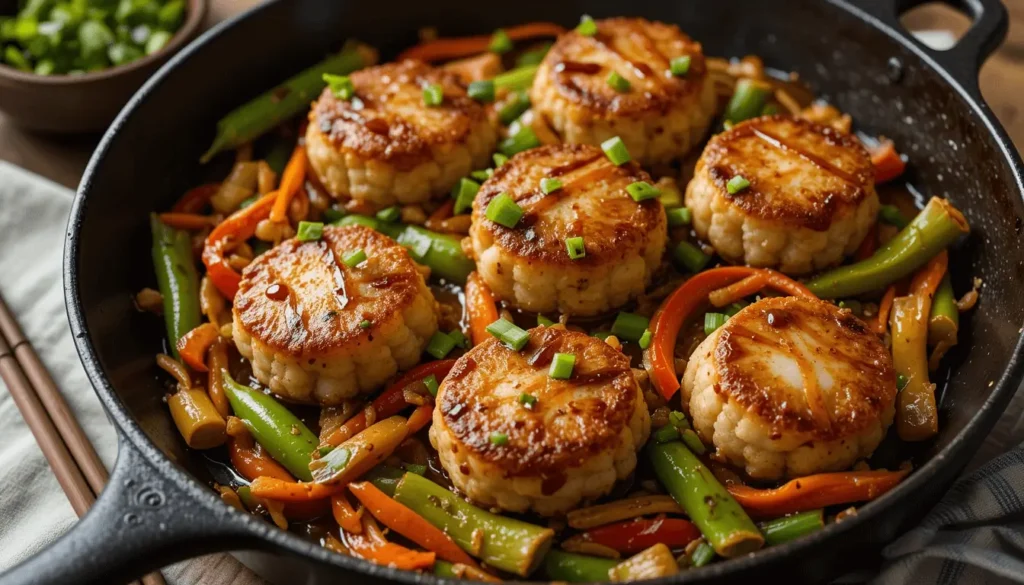 A vibrant fishcakes and scallops stir-fry in a cast-iron skillet with colorful vegetables like carrots, bell peppers, and snap peas, garnished with green onions.