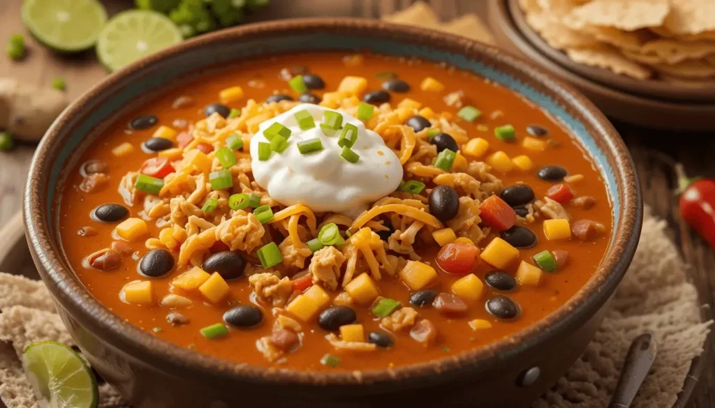 A bowl of chicken taco soup garnished with sour cream, shredded cheese, and green onions, surrounded by lime, tortilla chips, and fresh ingredients.