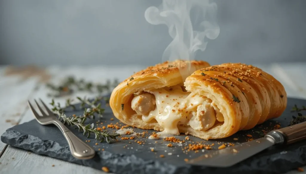 Golden chicken and cheese jalousie with creamy filling, served on a slate board, garnished with fresh thyme and cutlery beside it.