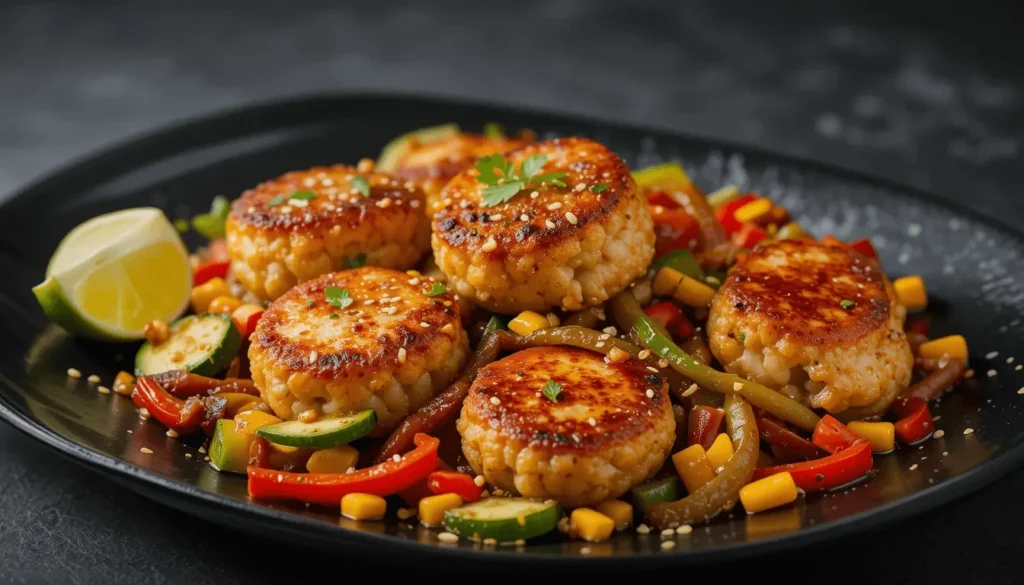 Golden fishcakes served on a bed of sautéed vegetables, including bell peppers, zucchini, and corn, garnished with sesame seeds and fresh parsley.