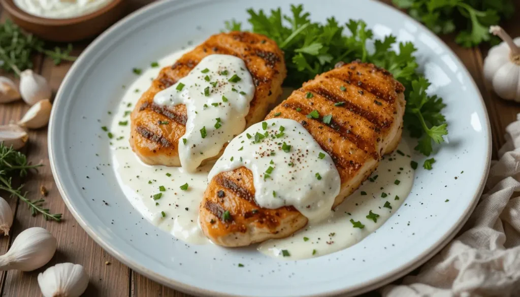 Grilled chicken breasts topped with creamy cottage cheese sauce, garnished with chopped parsley, served on a white plate with fresh herbs in the background.