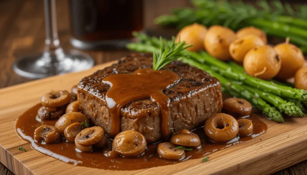 Grilled deer meat cube steak with mushroom gravy, baby potatoes, and asparagus on a wooden serving board.