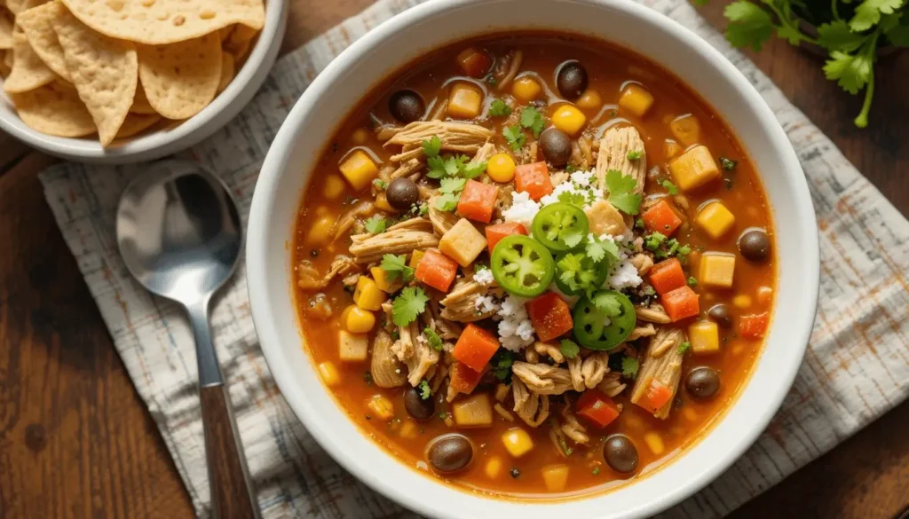 A vibrant bowl of chicken taco soup with colorful toppings including diced vegetables, black beans, jalapeños, and fresh cilantro.