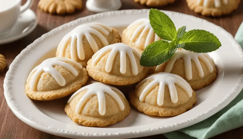 A plate of dome-shaped cookies topped with white icing drizzles, garnished with a sprig of fresh mint.