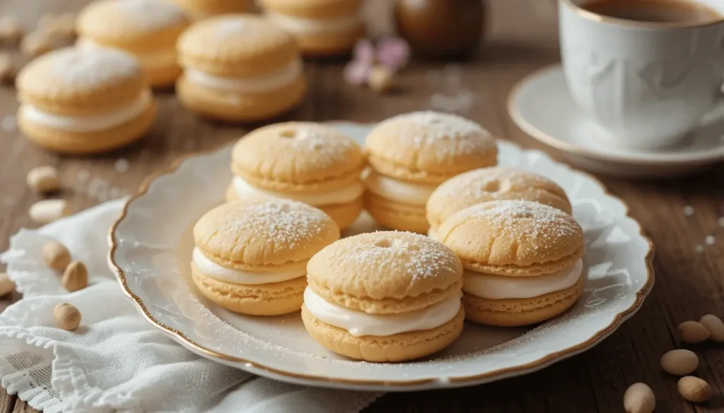 A plate of delicate madeleine cookies filled with cream and dusted with powdered sugar, placed on a wooden table with a cup of tea in the background.