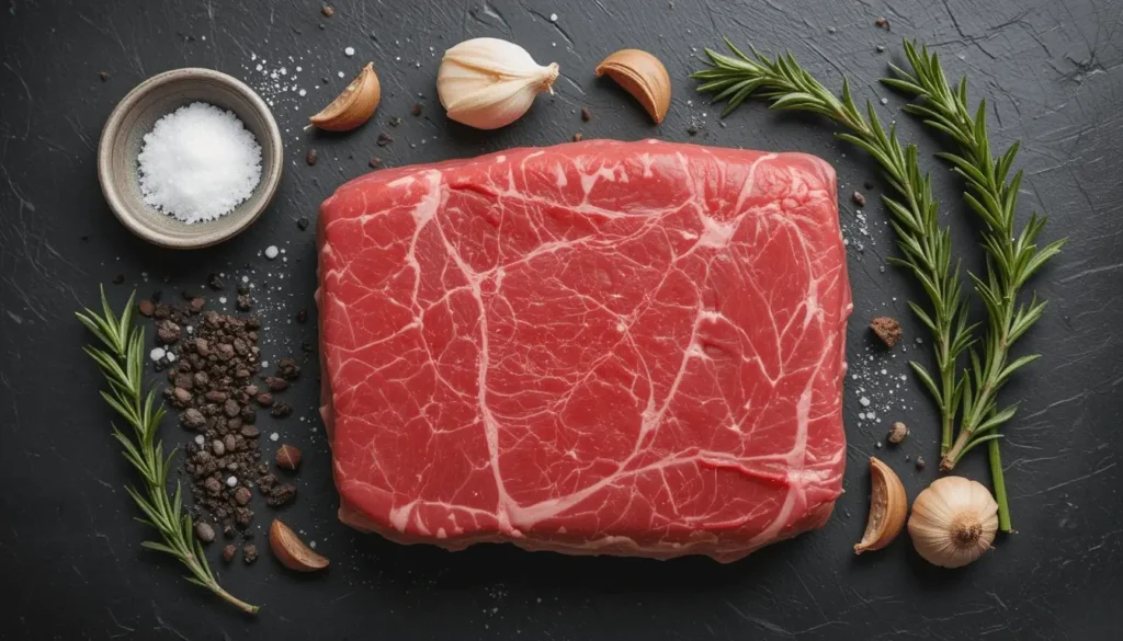 Raw deer meat cube steak on a dark slate surface, surrounded by garlic cloves, rosemary sprigs, salt, and crushed pepper.