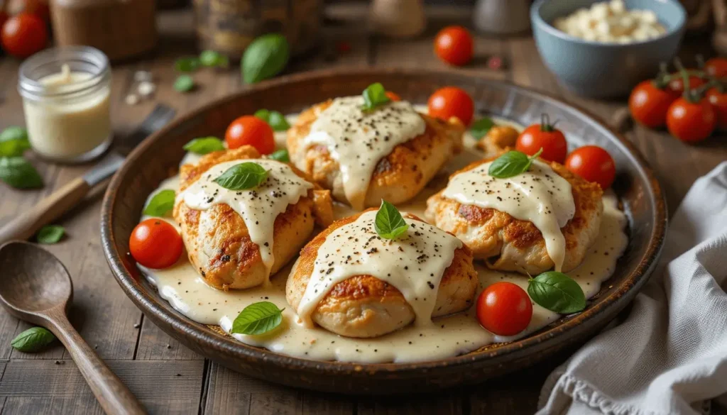 Golden chicken breasts topped with creamy cottage cheese sauce, garnished with fresh basil leaves and served with cherry tomatoes on a rustic platter.