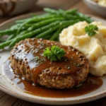 A plate of Salisbury steak with rich gravy, mashed potatoes, and green beans, garnished with fresh parsley.