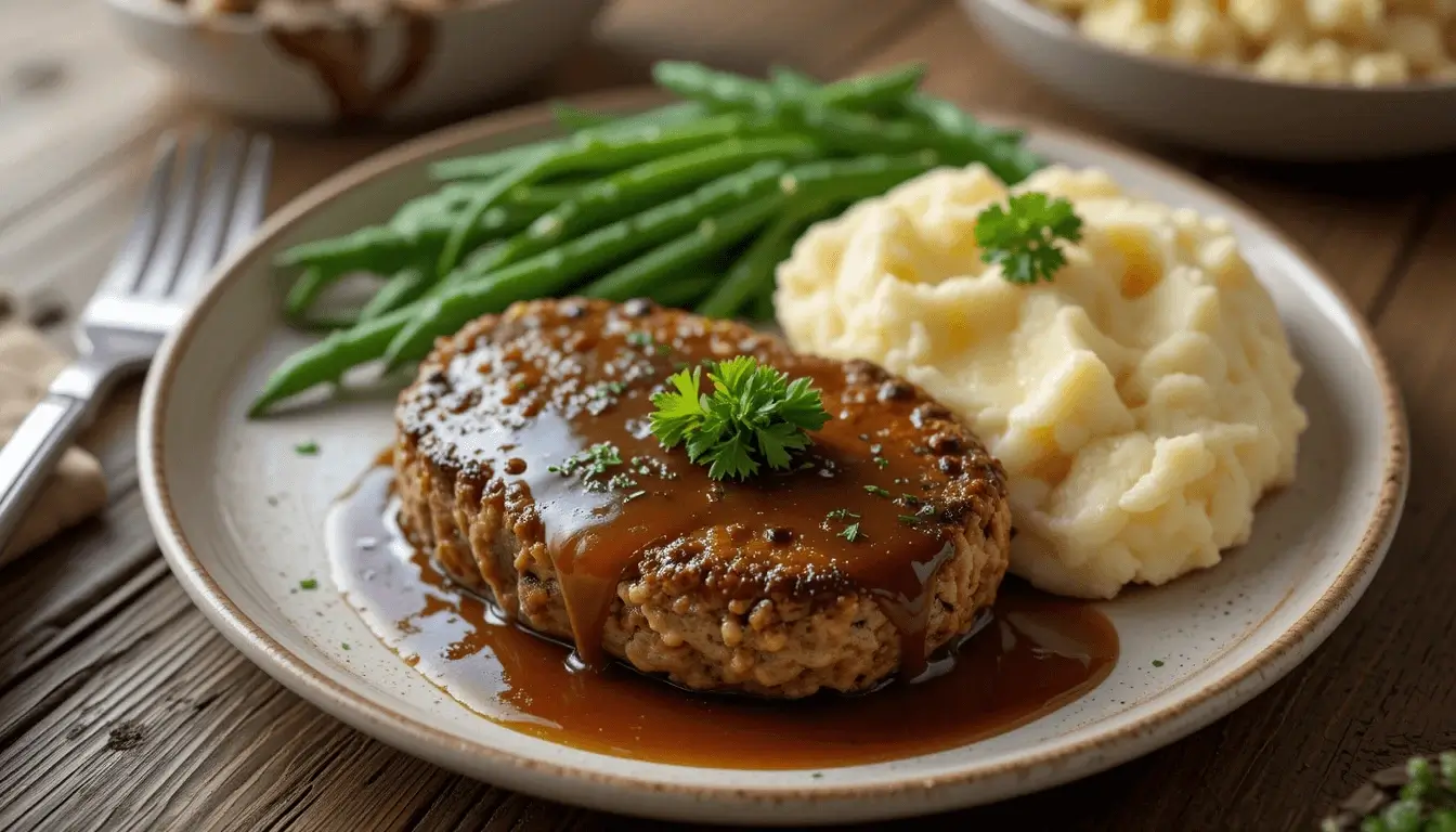 A plate of Salisbury steak with rich gravy, mashed potatoes, and green beans, garnished with fresh parsley.