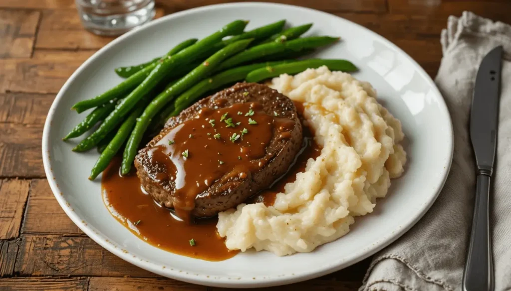 A plate of Salisbury steak topped with brown gravy, served with creamy mashed potatoes and steamed green beans on a wooden table.