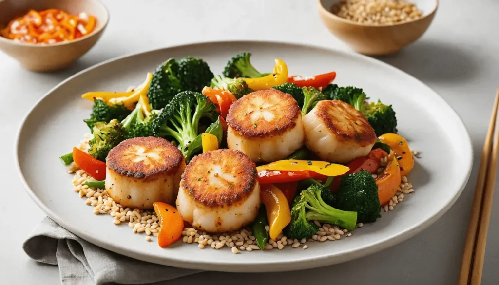 A beautifully plated scallops and vegetable stir-fry on a white ceramic plate, featuring seared scallops, broccoli, and colorful bell peppers on a bed of sesame seeds.