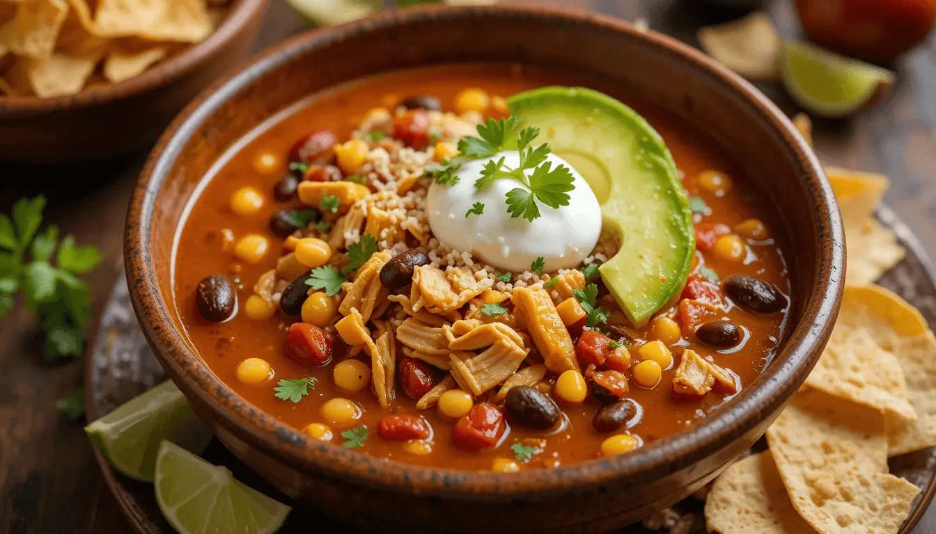 A warm and inviting bowl of chicken taco soup, loaded with shredded chicken, beans, corn, and vibrant toppings like jalapeños and cheese.