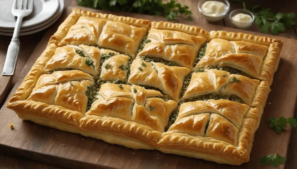 Golden puff pastry squares filled with spinach and cheese, served on a wooden board, garnished with parsley and accompanied by small bowls of sauce.