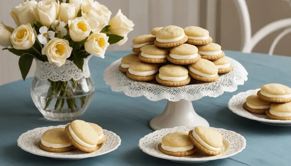 A beautifully arranged platter of vanilla sandwich cookies with cream filling, surrounded by elegant floral decor.