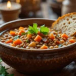 A rustic bowl of lentil soup garnished with fresh parsley, accompanied by slices of crusty bread on a wooden platter.