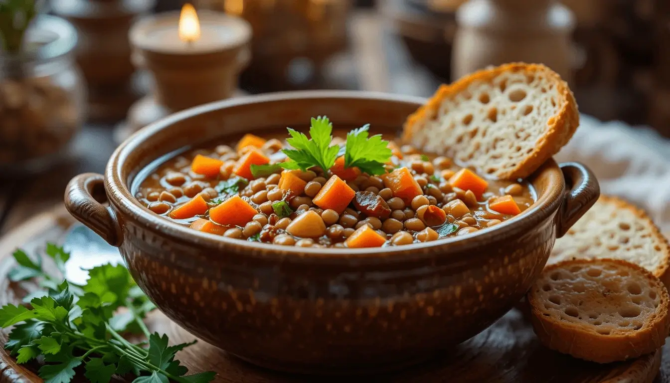 A rustic bowl of lentil soup garnished with fresh parsley, accompanied by slices of crusty bread on a wooden platter.