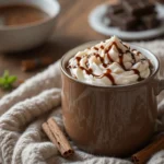 A cozy mug of hot chocolate topped with whipped cream and drizzled with chocolate syrup, surrounded by cinnamon sticks and chocolate pieces on a warm knitted blanket.