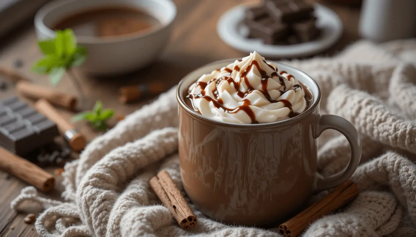 A cozy mug of hot chocolate topped with whipped cream and drizzled with chocolate syrup, surrounded by cinnamon sticks and chocolate pieces on a warm knitted blanket.