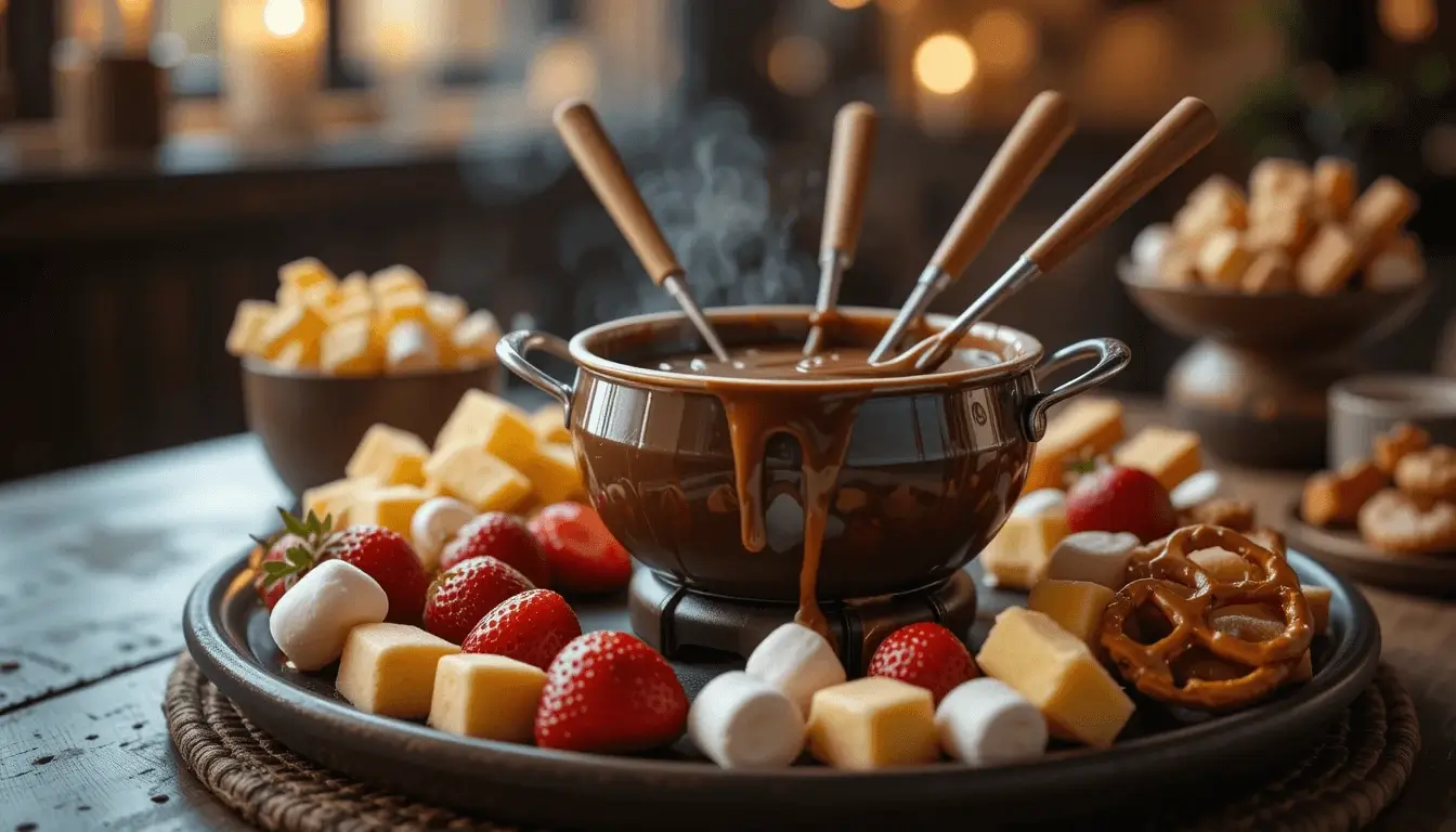 A chocolate fondue pot with four skewers surrounded by strawberries, marshmallows, cheese cubes, and pretzels on a rustic tray.