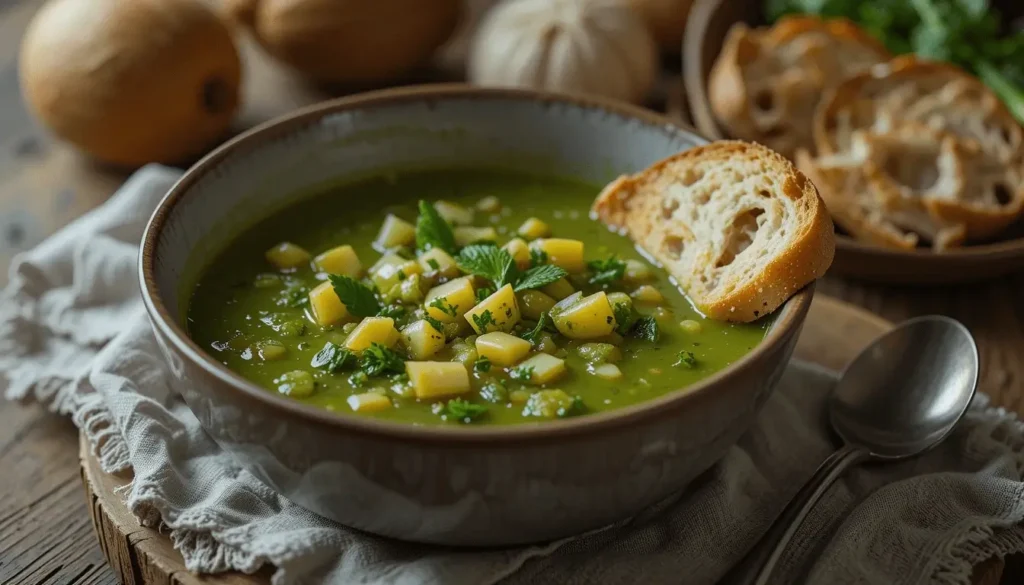 A bowl of vibrant green soup garnished with diced potatoes and fresh herbs, served with a slice of crusty bread.