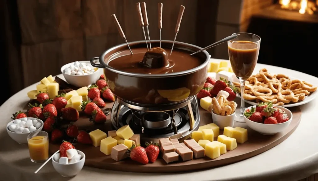 A chocolate fondue pot surrounded by an assortment of dippers, including strawberries, marshmallows, cheese cubes, and churros, on a round table.